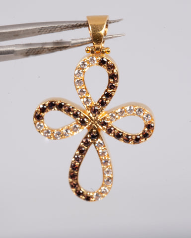 Ladies 18k Yellow Gold Multi-Tone Stone Bow Cross Pendant