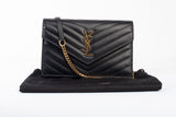 Authentic Saint Laurent Cassandre Envelope Chain Wallet in Grain de Poudre Black Leather Bag