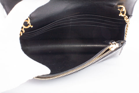 Authentic Saint Laurent Cassandre Envelope Chain Wallet in Grain de Poudre Black Leather Bag