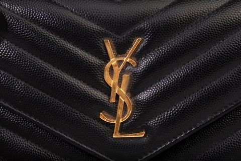 Authentic Saint Laurent Cassandre Envelope Chain Wallet in Grain de Poudre Black Leather Bag
