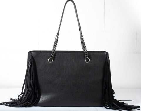 Authentic SAINT LAURENT Black Festival Fringe YSL Logo Chain Tote Bag