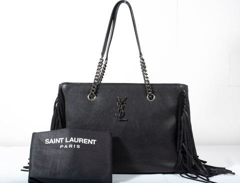 Authentic SAINT LAURENT Black Festival Fringe YSL Logo Chain Tote Bag