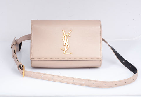 Authentic Yves Saint Laurent Smooth Calfskin Monogram Kate Belt Bag Beige