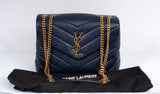 Authentic YSL Saint Laurent Navy Calfskin Quilted Small Loulou Puffer Shoulder Bag