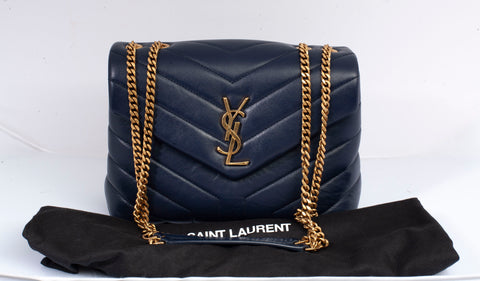 Authentic YSL Saint Laurent Navy Calfskin Quilted Small Loulou Puffer Shoulder Bag