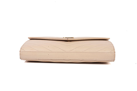 Authentic Saint Laurent Classic Cassandre Chain Wallet in Beige Grain De Poudre Leather