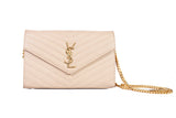 Authentic Saint Laurent Classic Cassandre Chain Wallet in Beige Grain De Poudre Leather
