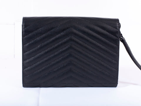 Authentic Saint Laurent YSL Grain De Poudre Black Matelasse Chevron Monogram Envelope Clutch