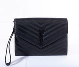 Authentic Saint Laurent YSL Grain De Poudre Black Matelasse Chevron Monogram Envelope Clutch