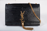 Authentic Saint Laurent Black Calfskin Crocodile Embossed Medium Classic Monogram Kate Tassel Satchel