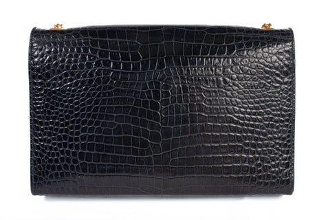 Authentic Saint Laurent Black Calfskin Crocodile Embossed Medium Classic Monogram Kate Tassel Satchel