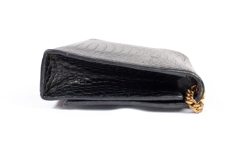 Authentic Saint Laurent Black Calfskin Crocodile Embossed Medium Classic Monogram Kate Tassel Satchel