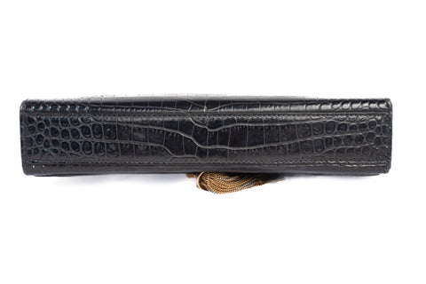 Authentic Saint Laurent Black Calfskin Crocodile Embossed Medium Classic Monogram Kate Tassel Satchel