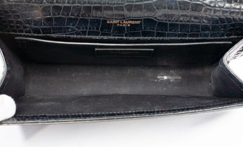Authentic Saint Laurent Black Calfskin Crocodile Embossed Medium Classic Monogram Kate Tassel Satchel