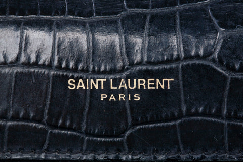 Authentic Saint Laurent Black Calfskin Crocodile Embossed Medium Classic Monogram Kate Tassel Satchel
