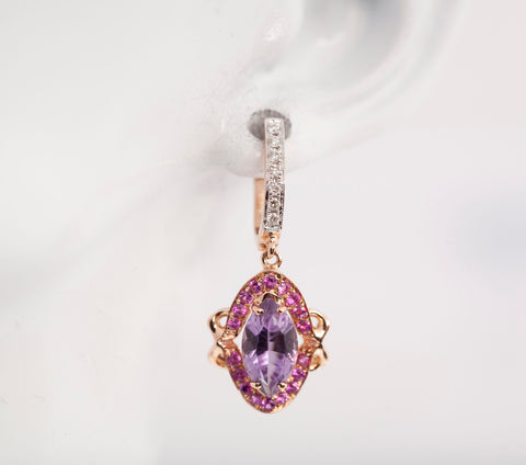 Ladies 14k Rose Gold Amethyst Pink Sapphire and Diamond Accent Dangle Earrings