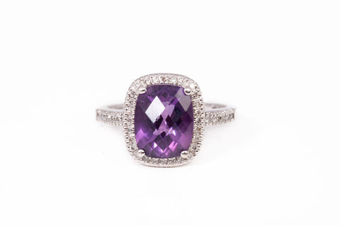 Ladies 10k White Gold Amethyst Diamond Halo Fashion Ring 0.38CTW