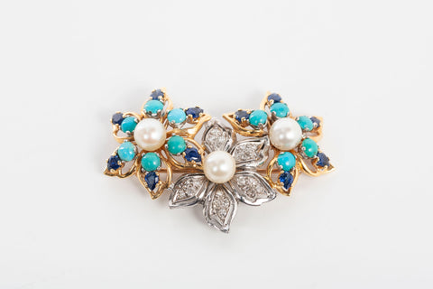 Ladies 18k Two-Tone Antique Multi-Stone and Diamond Brooch