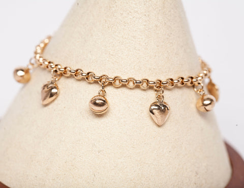 Ladies Bell & Heart Charm 14k Yellow Gold Bracelet