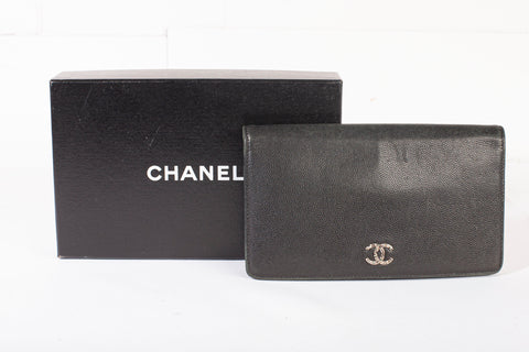 Authentic Vintage Chanel Black Caviar Leather Brilliant L Yen Wallet
