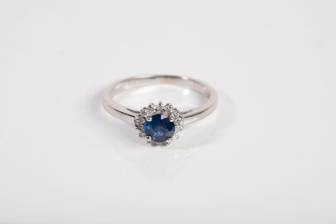 Ladies 14k White Gold Blue Sapphire with Diamond Halo Ring