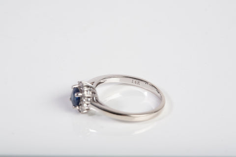 Ladies 14k White Gold Blue Sapphire with Diamond Halo Ring