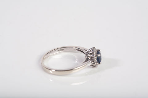 Ladies 14k White Gold Blue Sapphire with Diamond Halo Ring