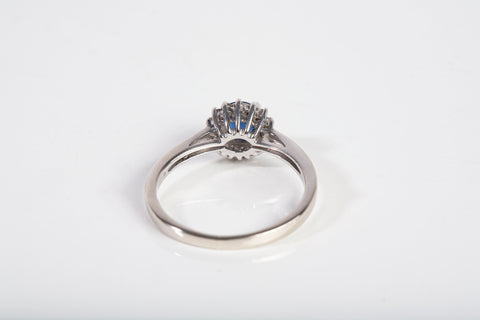 Ladies 14k White Gold Blue Sapphire with Diamond Halo Ring