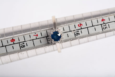 Ladies 14k White Gold Blue Sapphire with Diamond Halo Ring