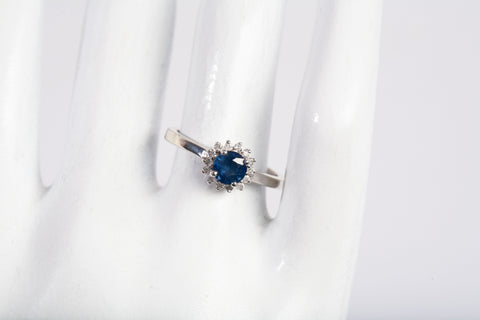 Ladies 14k White Gold Blue Sapphire with Diamond Halo Ring