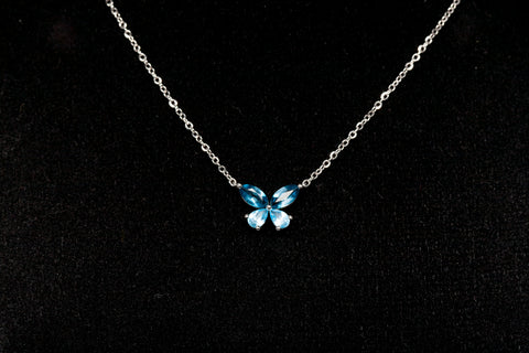 Ladies Dainty 14k White Gold Blue Topaz Butterfly Necklace