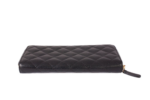 Authentic Chanel Black Caviar Quilted Gusset Zip Around Long Wallet