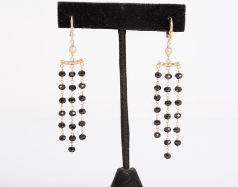 Ladies 14k Yellow Gold 3 Row Onyx Dangle Chandelier Earrings