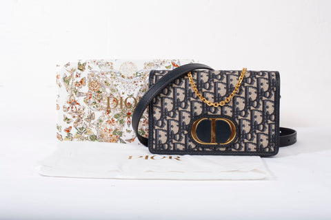 Authentic Christian Dior Navy Blue Oblique 30 Montaigne Chain Flap Bag