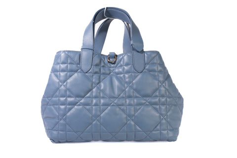 Authentic Christian Dior Blue Gray Macrocannage Calfskin Medium Toujours Bag