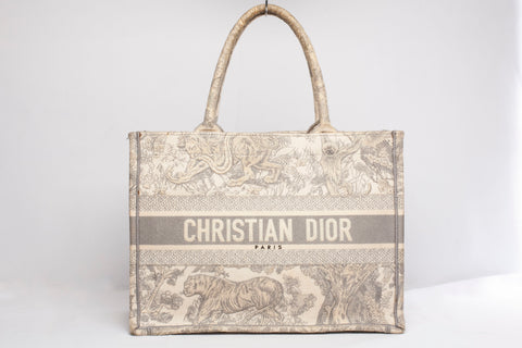 Authentic Christian Dior Medium Grey Toile De Jouy Embroidery Book Tote