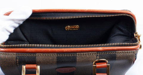 Authentic Brown Fendi Vintage Pequin Boston Bag