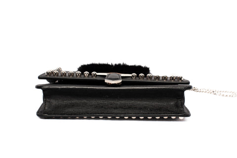 Authentic Fendi Black Saffiano Studded Leather Karlito Wallet on Chain