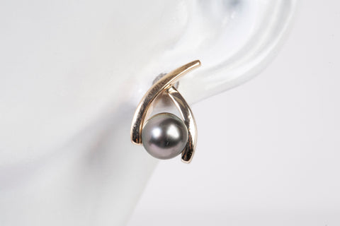 Ladies 14k Two-Tone Gold Tahitian Pearl Stud Earrings