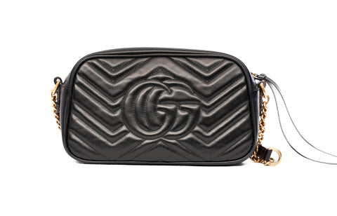 Authentic Gucci GG Small Marmont Chevron Quilted Black Leather Crossbody Bag