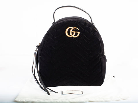 Authentic Black Gucci Velvet Matelasse GG Marmont Dome Backpack