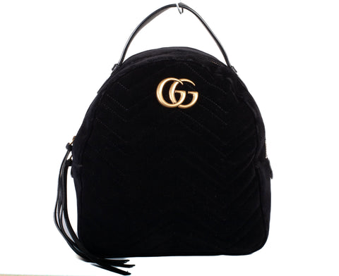 Authentic Black Gucci Velvet Matelasse GG Marmont Dome Backpack