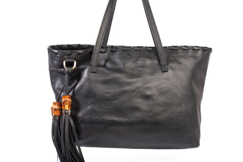 Authentic Gucci Bamboo Tassel Black Leather Tote Bag