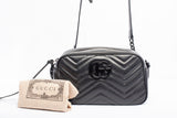Authentic Gucci GG Small Black Marmont Chevron Quilted Leather Chain Shoulder Bag