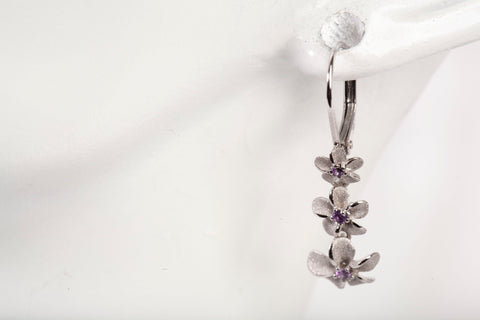 Ladies 14k White Gold Past, Present & Future Plumeria Dangle Earrings