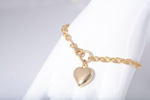 Ladies 14k Yellow Gold Rolo Link Heart Charm Bracelet Size 7"