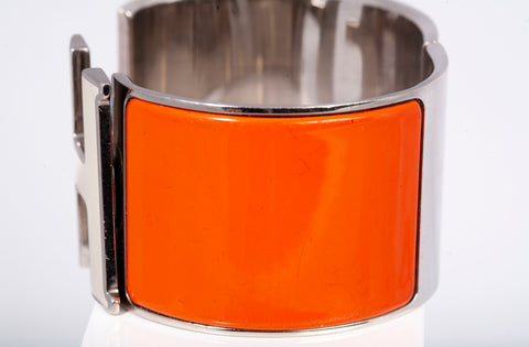 Authentic Hermes Ladies Orange and White Wide Clic Clac H Bracelet 6.25"