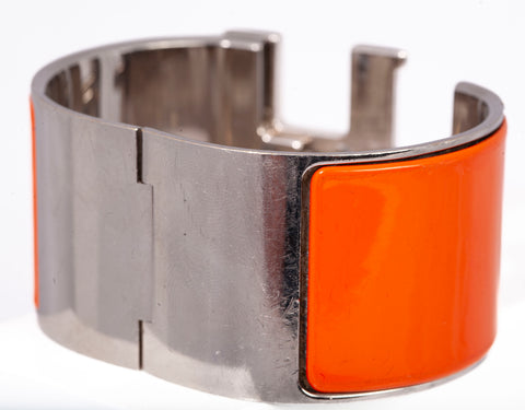 Authentic Hermes Ladies Orange and White Wide Clic Clac H Bracelet 6.25"