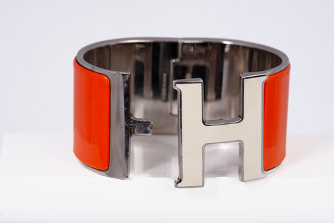 Authentic Hermes Ladies Orange and White Wide Clic Clac H Bracelet 6.25"