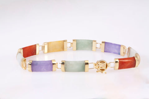 14k Yellow Gold Multicolor Jade Bracelet 7"